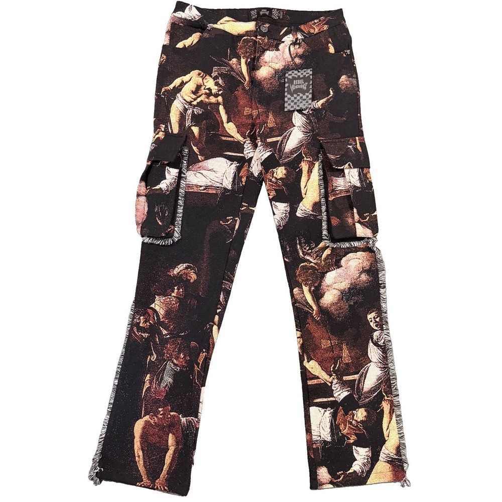 Rebel Vengeance Tapestry Cargo Pants Renaissance Art Frayed Fringe NWT Size 30